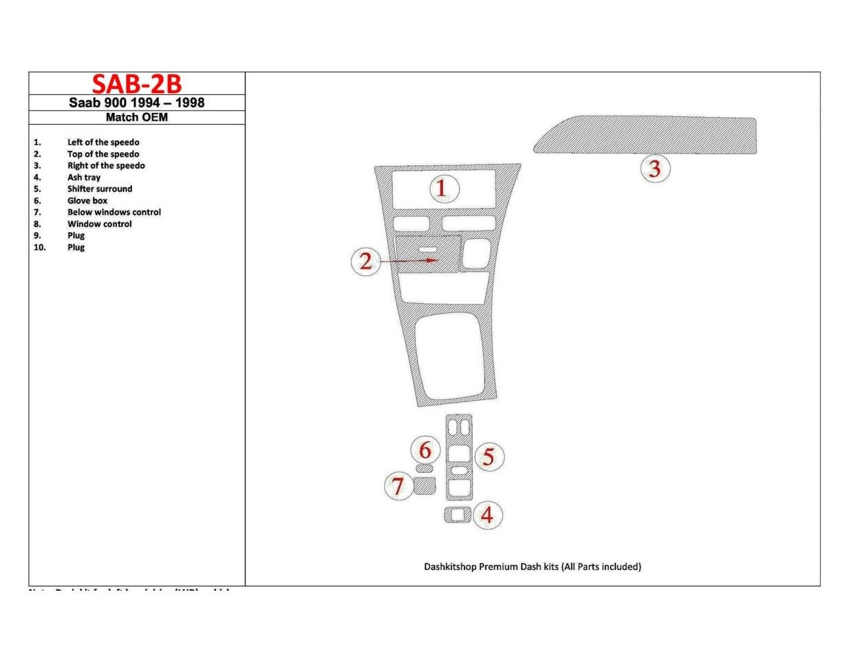 Saab 900 1994-1998 OEM Compliance, 7 Parts set BD Interieur Dashboard Bekleding Volhouder
