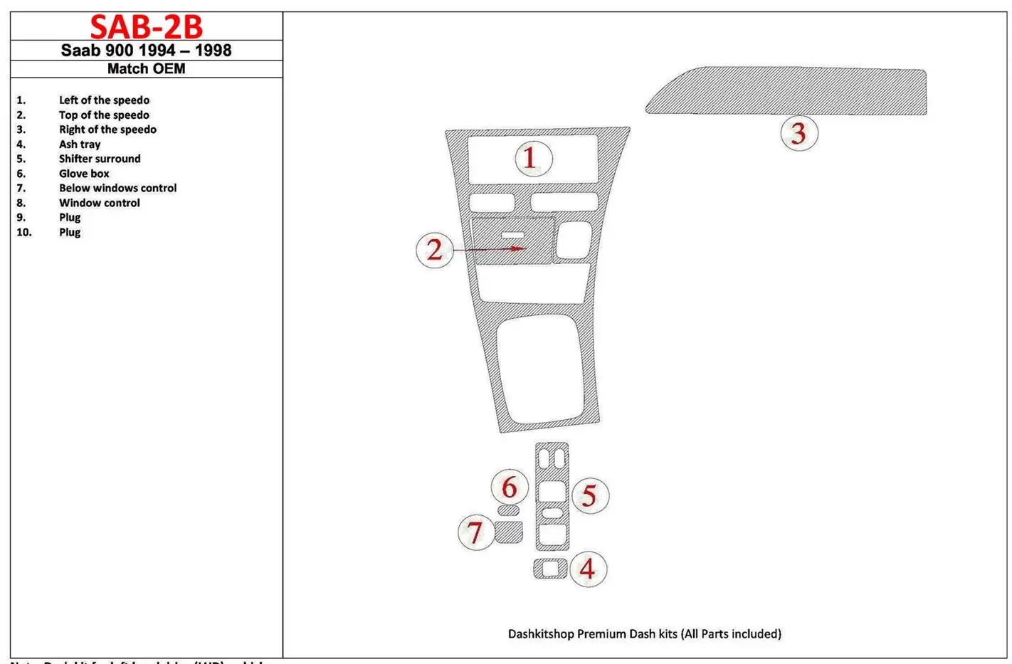 Saab 900 1994-1998 OEM Compliance, 7 Parts set Interior BD Dash Trim Kit