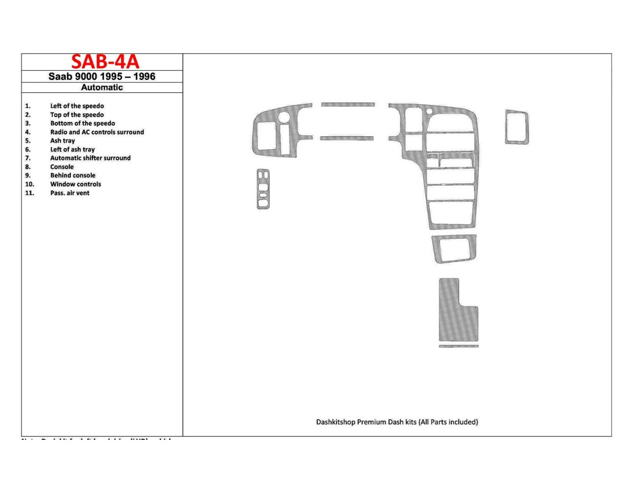 Saab 9000 1995-1996 Automatic Gearbox, 11 Parts set Interior BD Dash Trim Kit