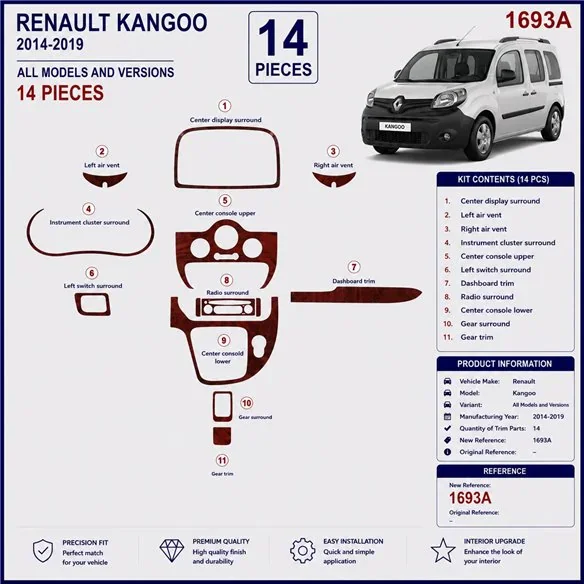 Renault Kangoo 2013-2019 3D Armaturenbrett-Dekor-Set, 14 Teile