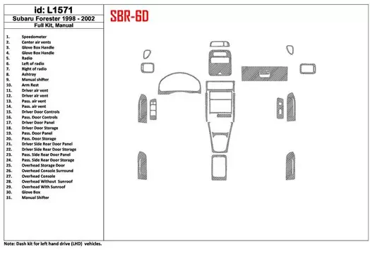 Subaru Forester 1998-2002 boîte manuellebox, Ensemble Complet, 31 Parts set BD Kit la décoration du tableau de bord - 1 - habill