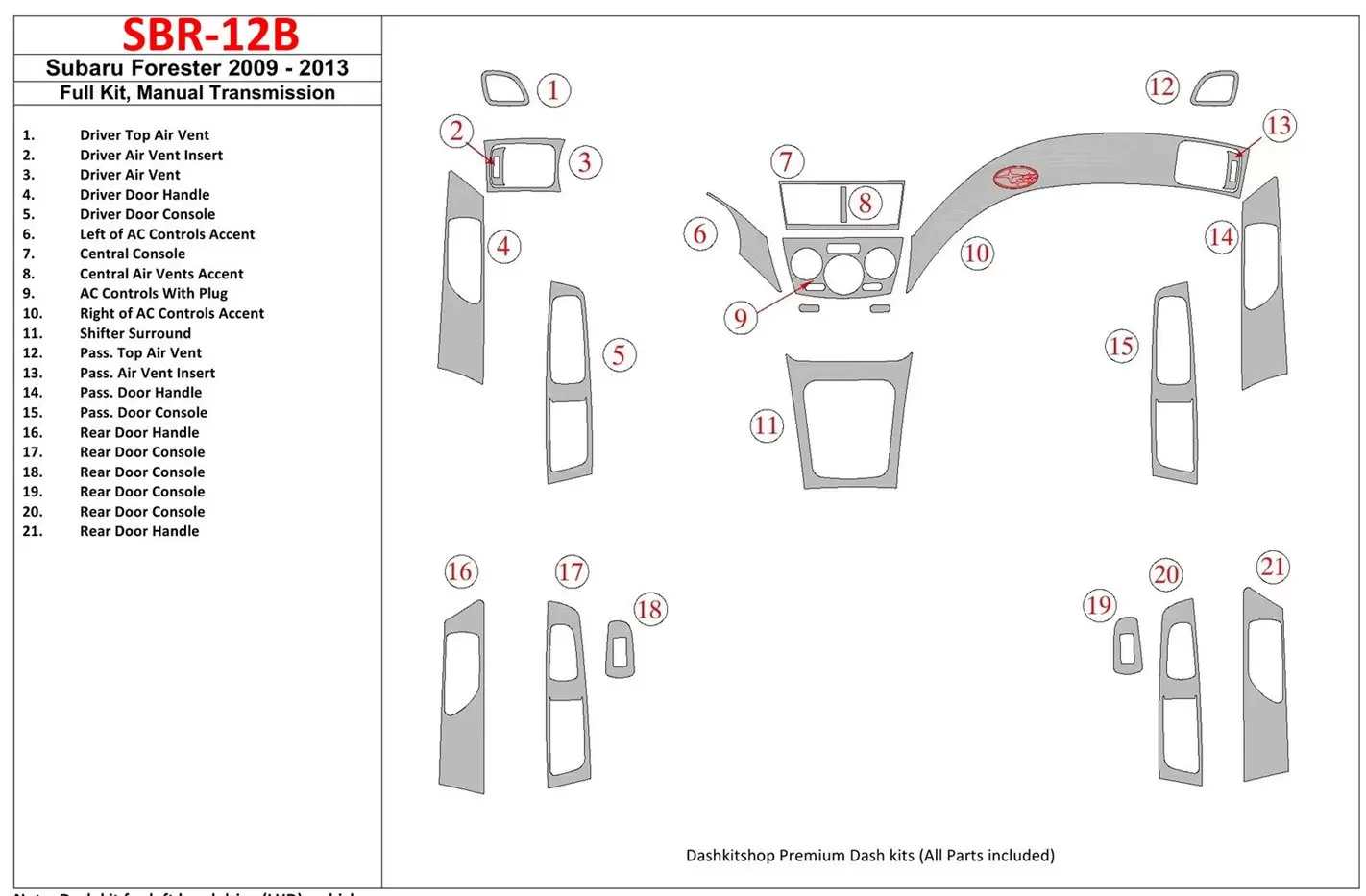 Subaru Forester 2009-UP Full Set, Manual Gear Box Interior BD Dash Trim Kit