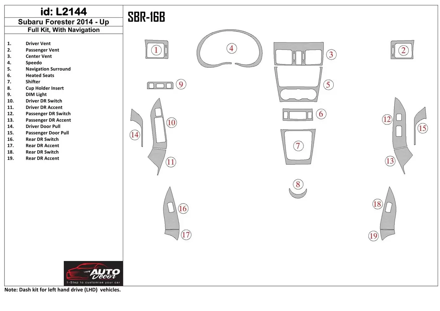Subaru Forester 2014-UP Full Set, Without NAVI Cruscotto BD Rivestimenti interni