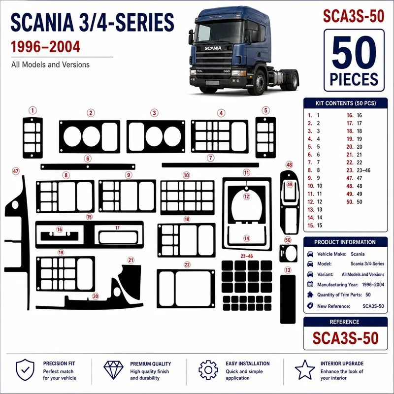 Scania Scania 4-Series 1996-2004 3D dashboard trim kit, 50 parts