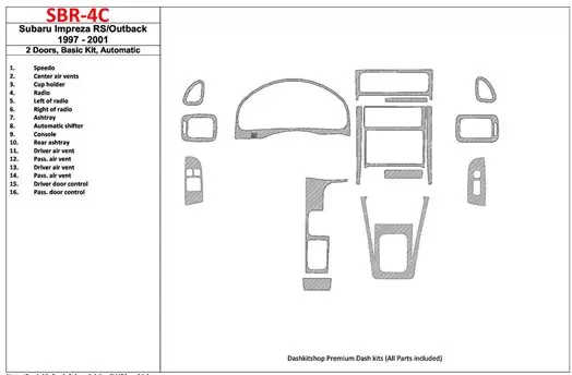 Subaru Impreza RS 1997-UP 2 Doors, Automatic Gearbox, Basic Set, 16 Parts set BD Interieur Dashboard Bekleding Volhouder