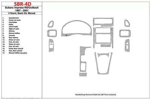 Subaru Impreza RS 1997-UP 2 Doors, Manual Gearbox, Basic Set, 17 Parts set BD Interieur Dashboard Bekleding Volhouder