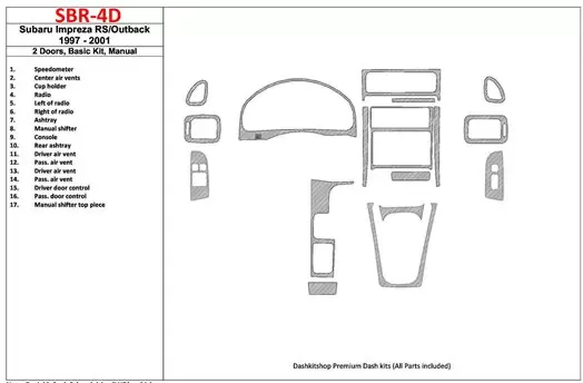Subaru Impreza RS 1997-UP 2 Doors, Manual Gearbox, Basic Set, 17 Parts set Interior BD Dash Trim Kit