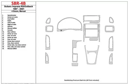 Subaru Impreza RS 1997-UP 4 Doors, Manual Gearbox, 19 Parts set Interior BD Dash Trim Kit