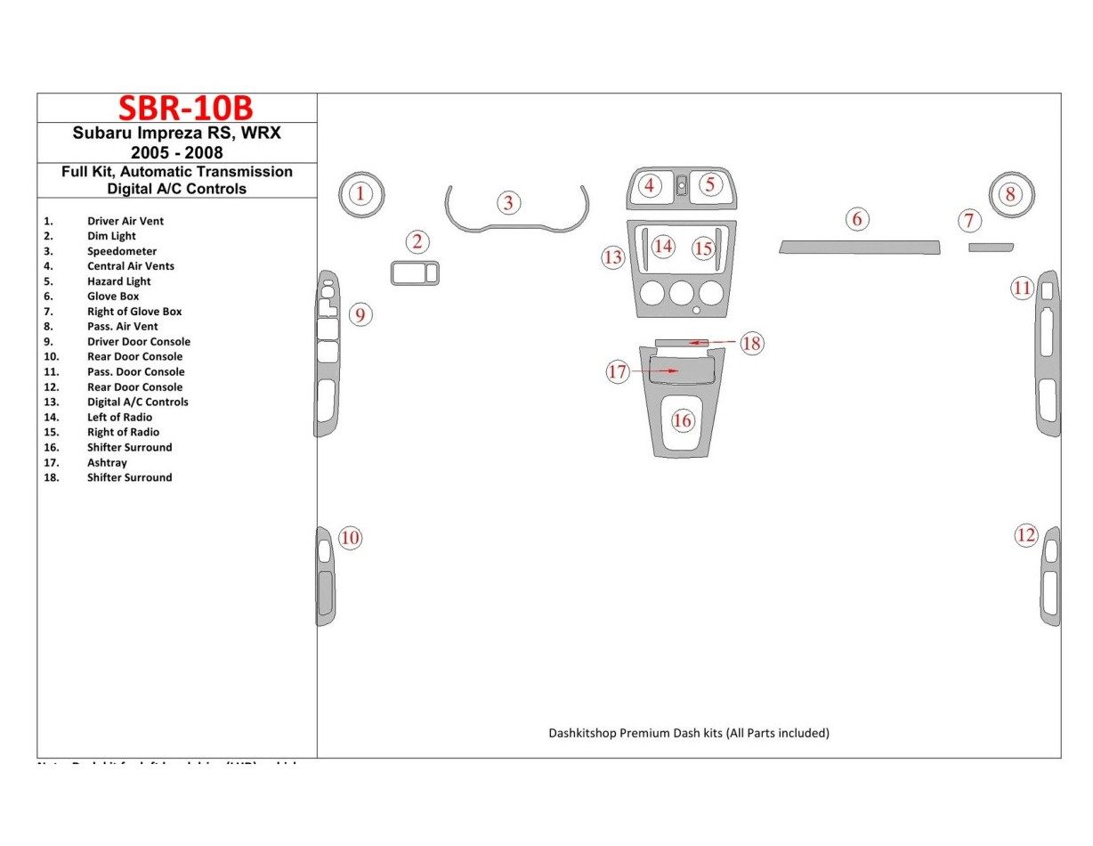 Subaru Impreza WRX 2005-2008 Full Set, Automatic Gear, Automatic AC Control Decor de carlinga su interior