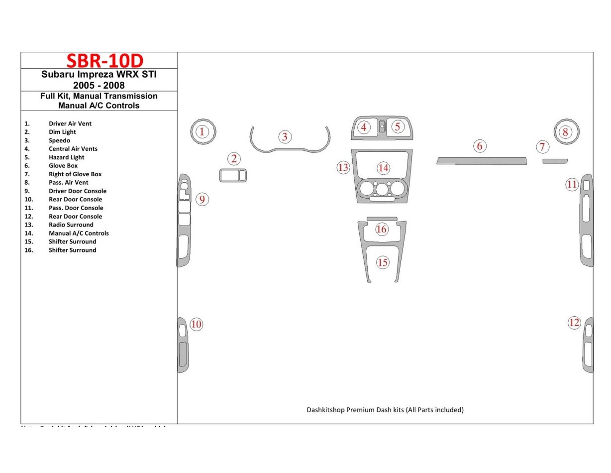 Subaru Impreza WRX 2005-2008 Voll Satz, Manual Gear Box, Manual Gearbox AC Control BD innenausstattung armaturendekor cockpit de
