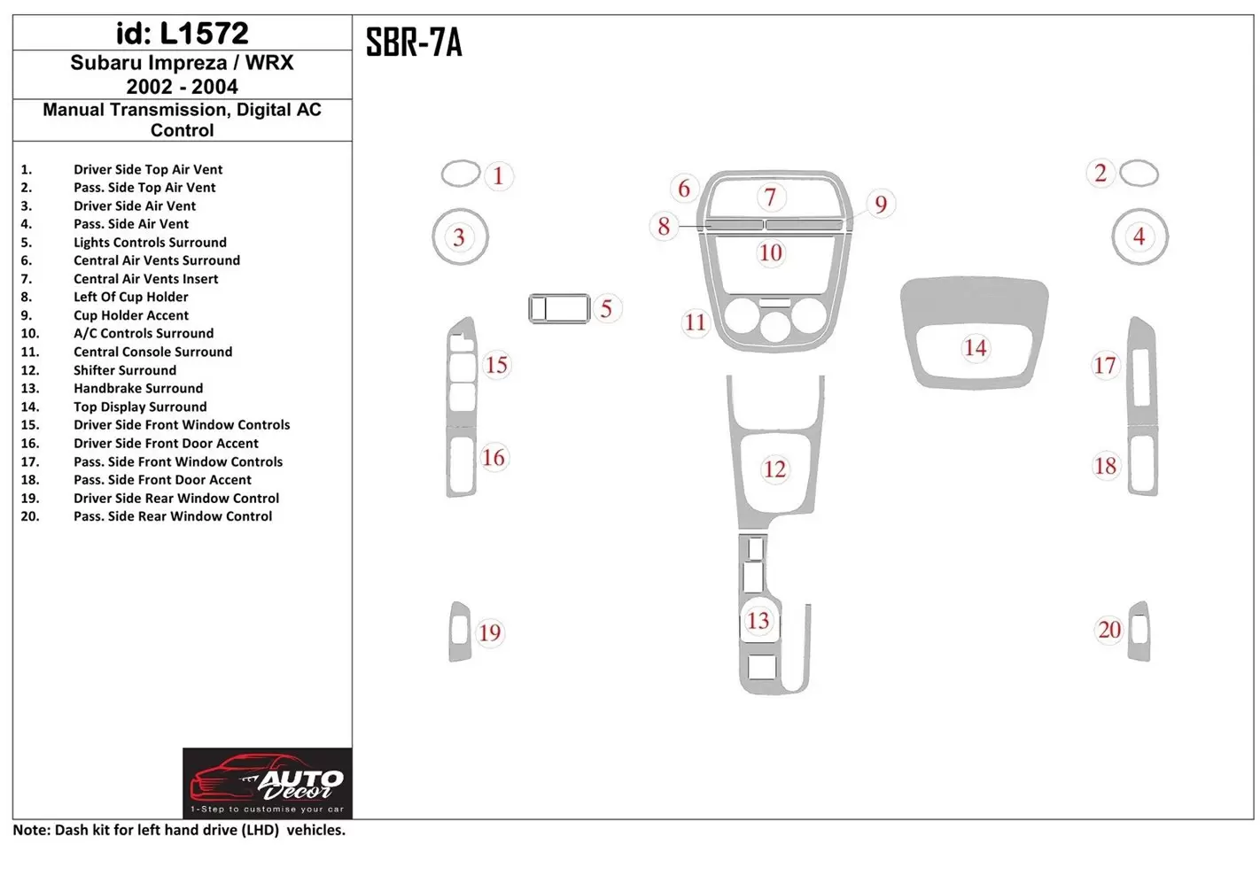 Subaru Impreza/WRX 2002-2004 boîte manuelle Box, Contrôle Aut la climatisation BD Kit la décoration du tableau de bord - 1 - hab