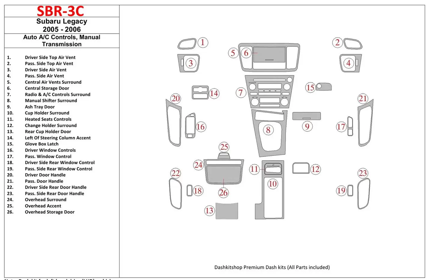 Subaru Legacy 2005-2006 Auto AC Control, boîte manuelle Box BD Kit la décoration du tableau de bord - 1 - habillage decor de tab