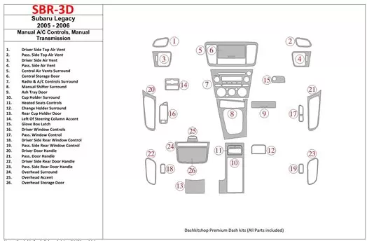 Subaru Legacy 2005-2006 Manual Gearbox AC Control, Manual Gear Box Interior BD Dash Trim Kit