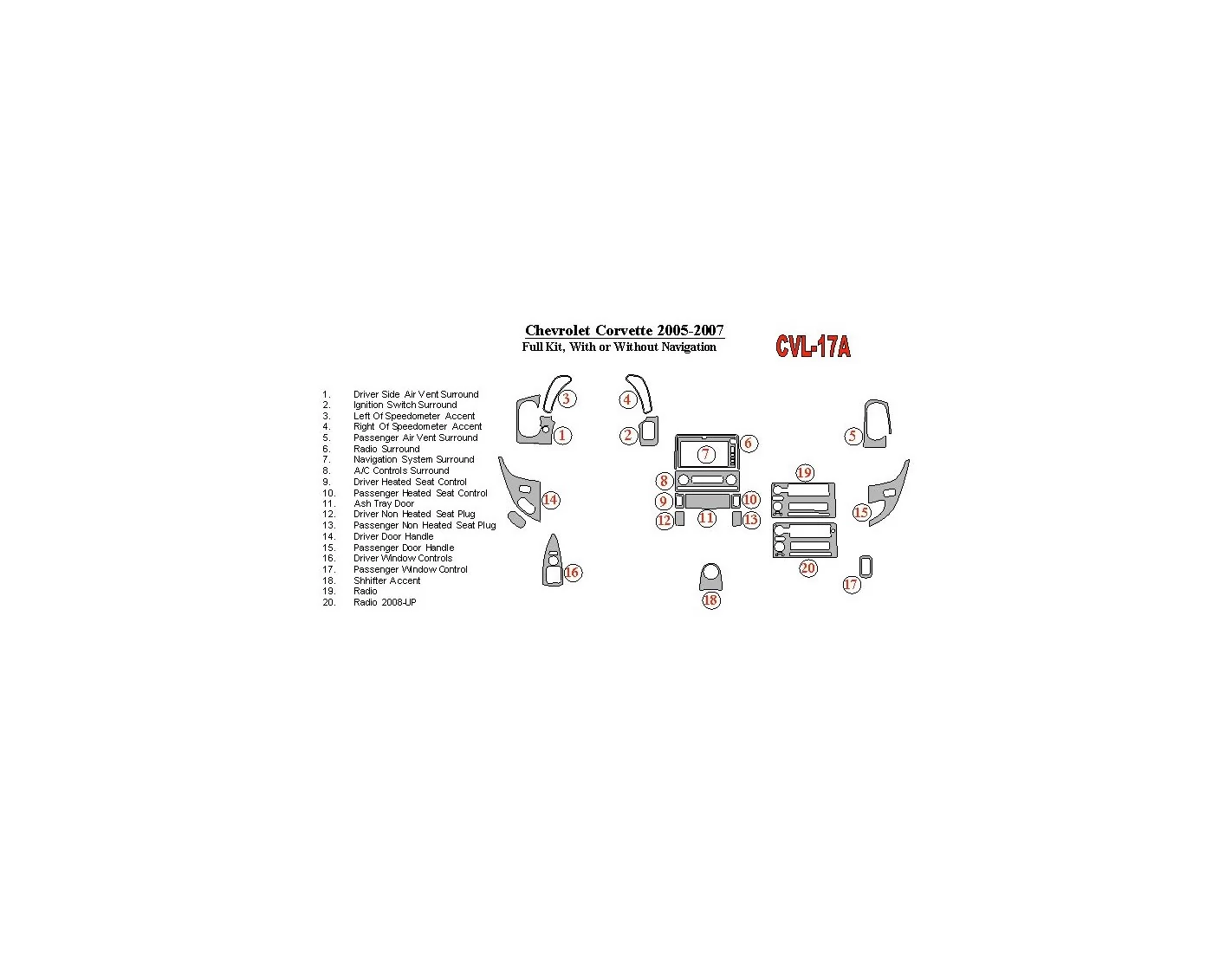 Chevrolet Corvette 2005-UP Full Set, Without NAVI system Interior BD Dash Trim Kit