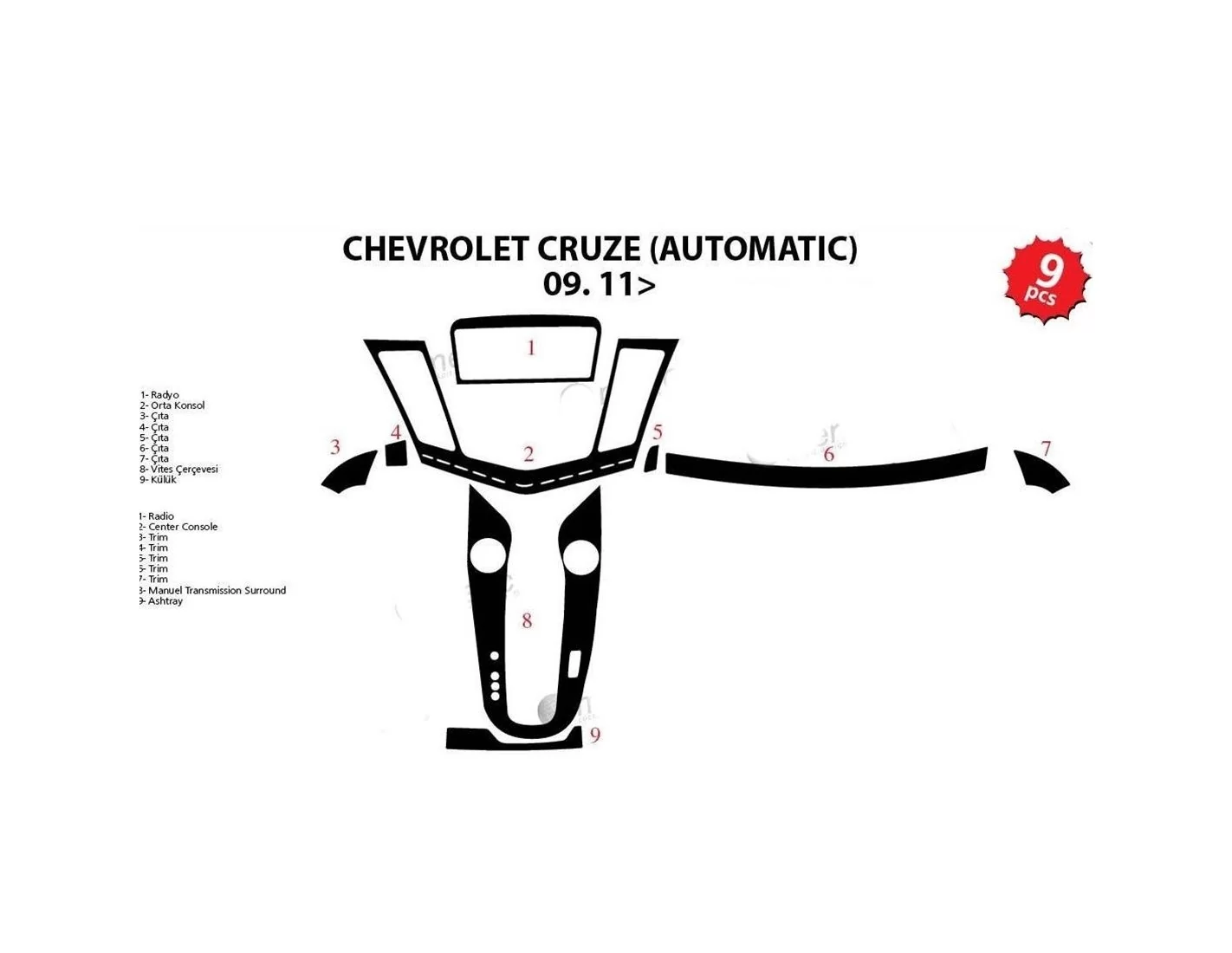 Chevrolet Cruse Automatic 01.2009 3D Inleg dashboard Interieurset aansluitend en pasgemaakt op he 9 -Teile