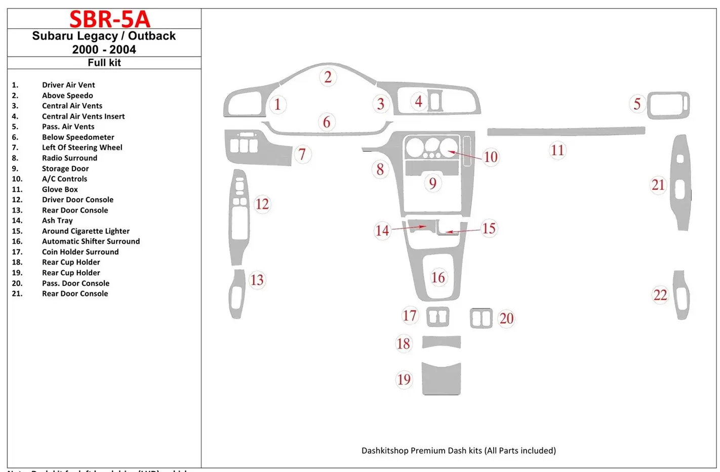 Subaru Legacy Outback 2000-2004 Without OEM Wood Kit BD Interieur Dashboard Bekleding Volhouder