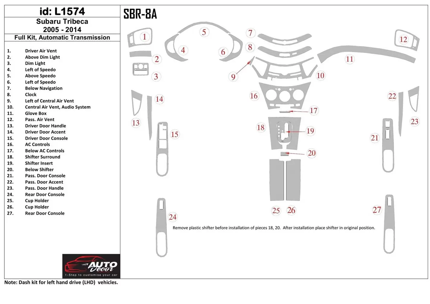 Subaru Tribeca 2006-UP Full Set, Automatic Gear BD Interieur Dashboard Bekleding Volhouder