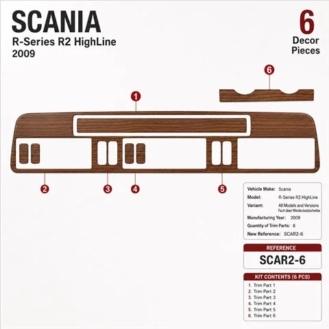 Scania R-Series R2 HighLine 2009 kit décor tableau de bord 3D, 6 pièces