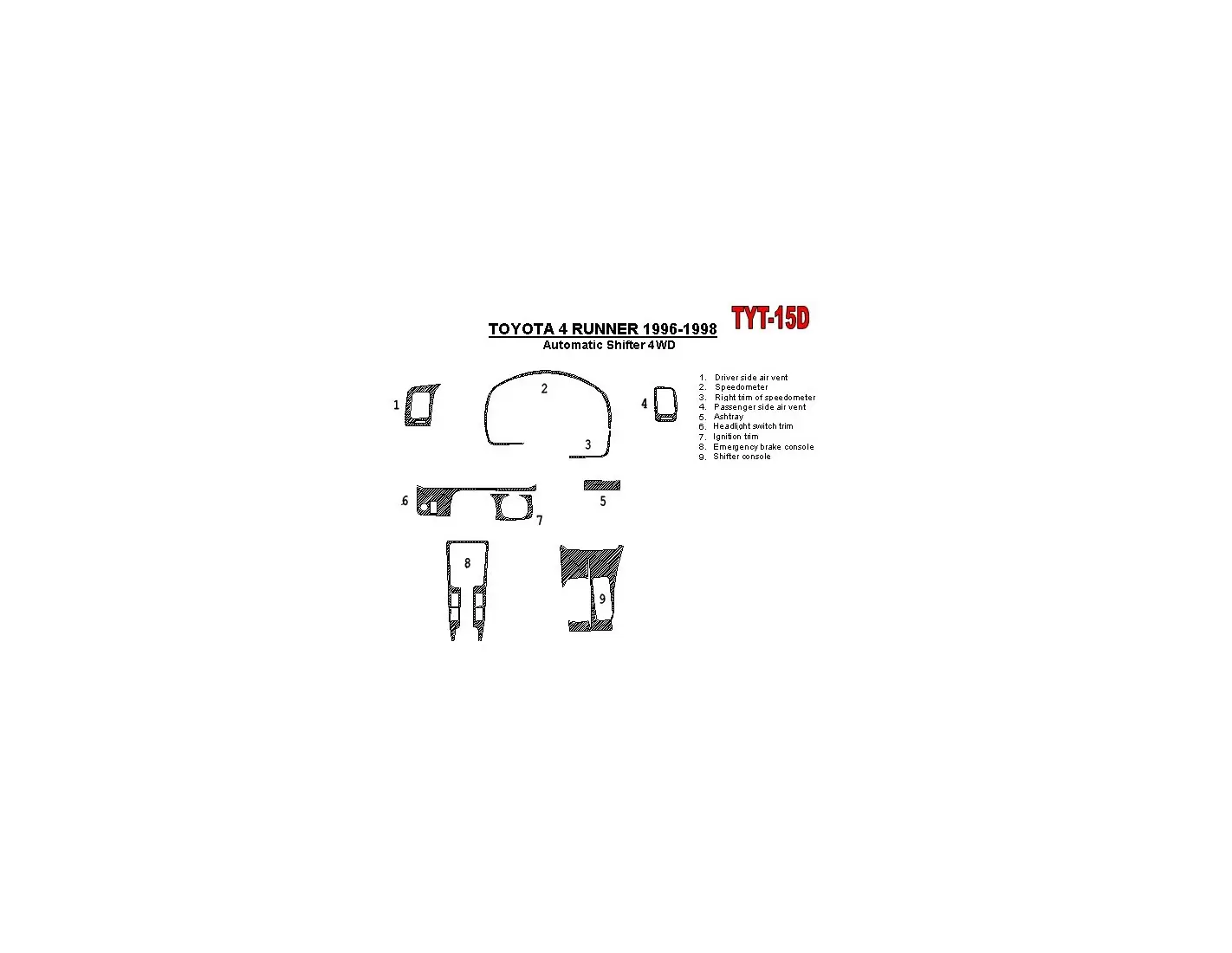 Toyota 4 Runner 1996-1998 Automatic Gearbox, 4WD, OEM Compliance, 10 Parts set BD innenausstattung armaturendekor cockpit dekor 