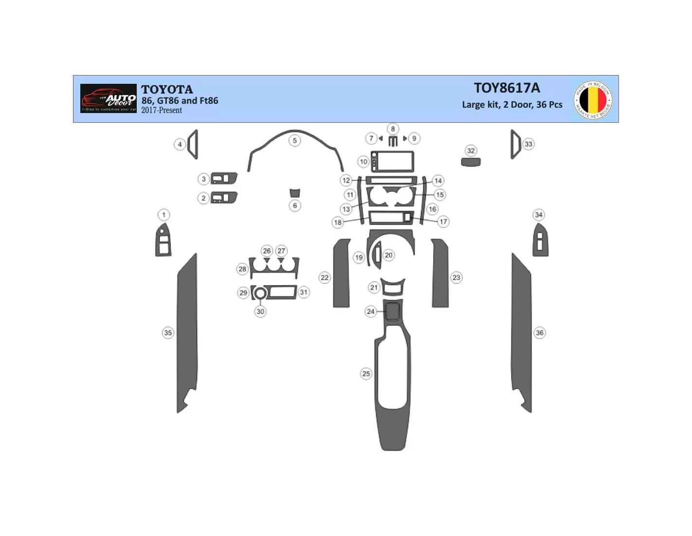 Toyota 86 2017-2021 3D Interior Dashboard Trim Kit Dash Trim Dekor 36-Parts