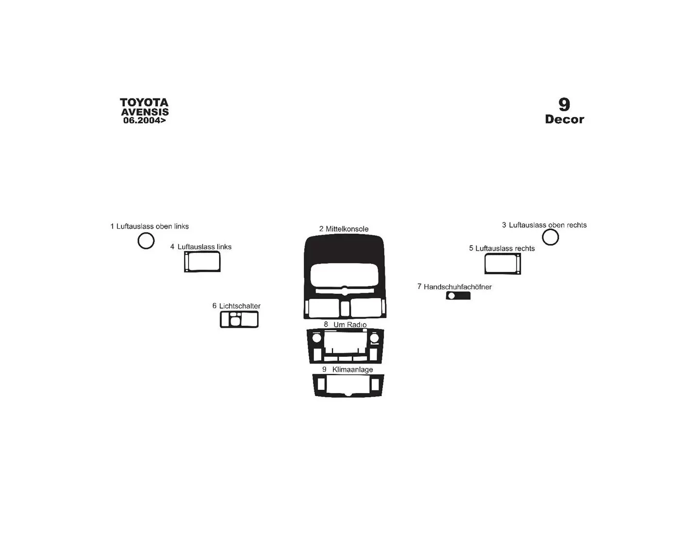 Toyota Avensis 10.97 -12.00 3D Inleg dashboard Interieurset aansluitend en pasgemaakt op he 9 -Teile