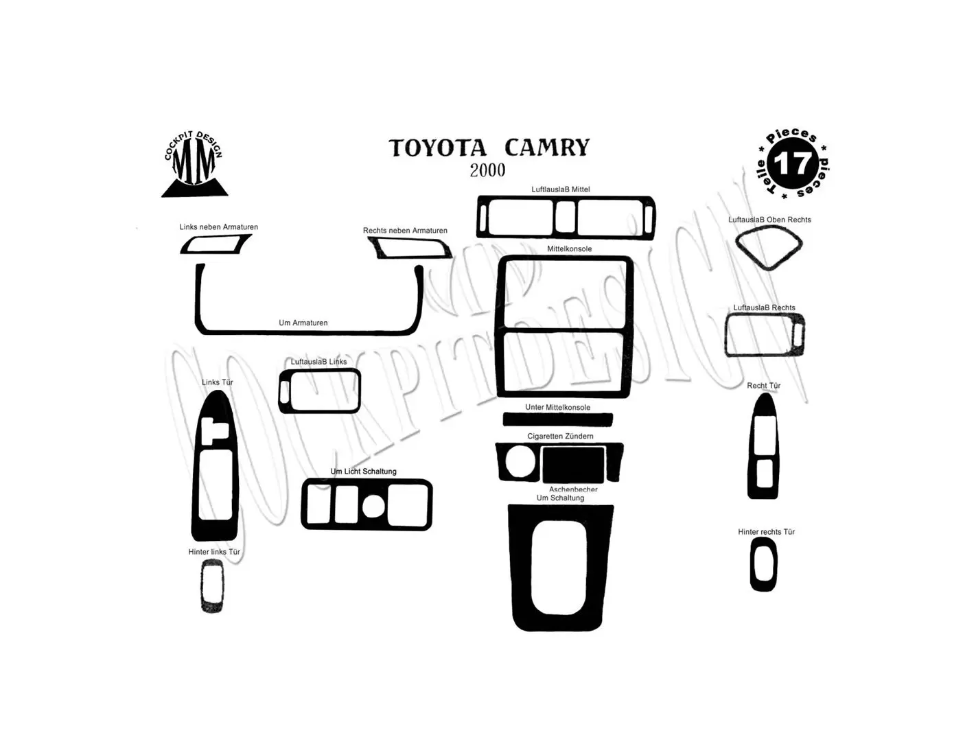 Toyota Camry 01.03 - 12.06 Kit Rivestimento Cruscotto all'interno del veicolo Cruscotti personalizzati 18-Decori