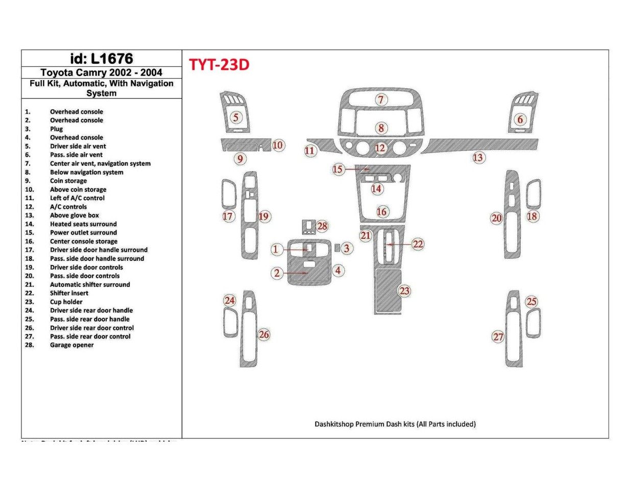 Toyota Camry 2002-2004 Full Set, Automatic Gear, With NAVI system, Without OEM BD Interieur Dashboard Bekleding Volhouder