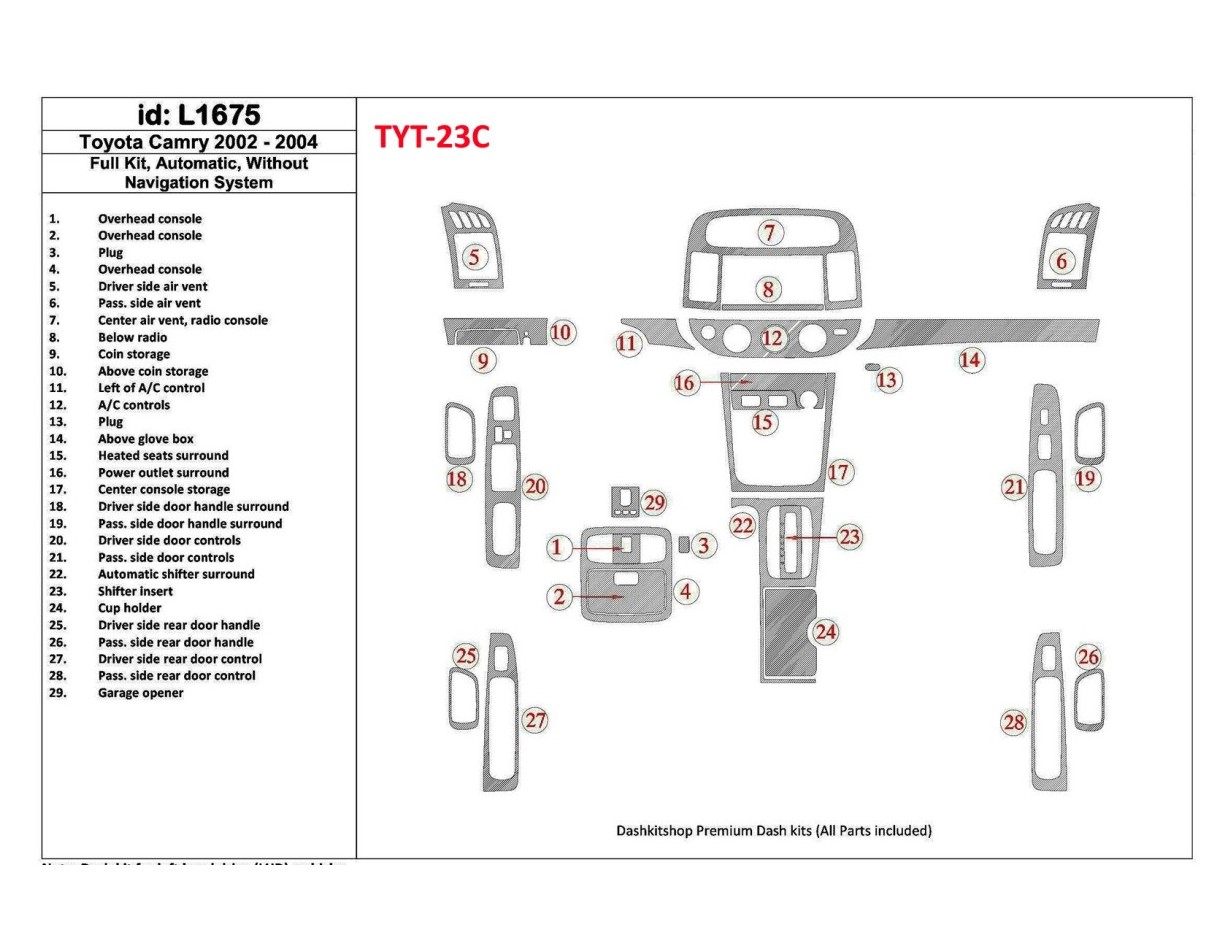 Toyota Camry 2002-2004 Full Set, Automatic Gear, Without NAVI system, Without OEM BD Interieur Dashboard Bekleding Volhouder