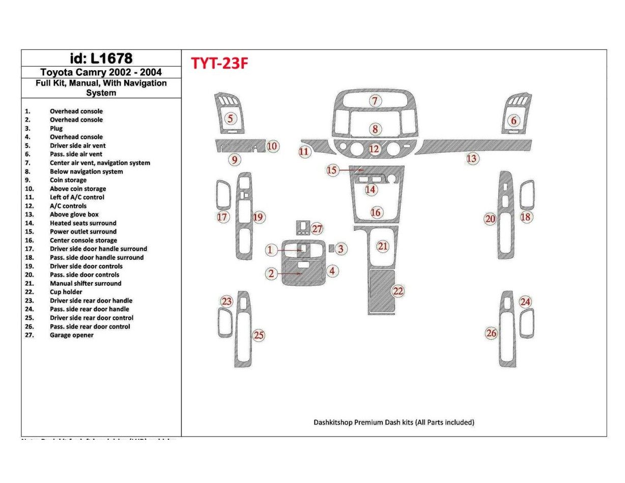 Toyota Camry 2002-2004 Full Set, Manual Gear Box, With NAVI system, Without OEM BD Interieur Dashboard Bekleding Volhouder
