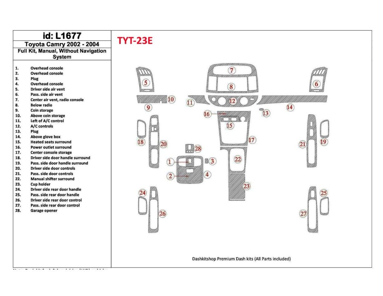 Toyota Camry 2002-2004 Full Set, Manual Gear Box, Without NAVI system, Without OEM BD Interieur Dashboard Bekleding Volhouder