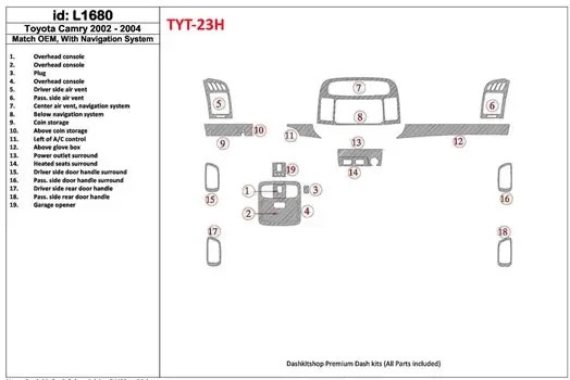 Toyota Camry 2002-2004 OEM Compliance, With NAVI system BD Interieur Dashboard Bekleding Volhouder