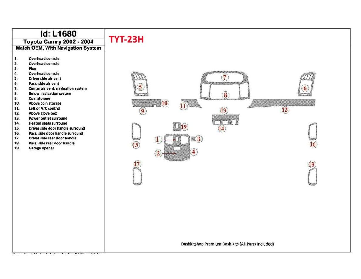 Toyota Camry 2002-2004 OEM Compliance, With NAVI system BD Interieur Dashboard Bekleding Volhouder