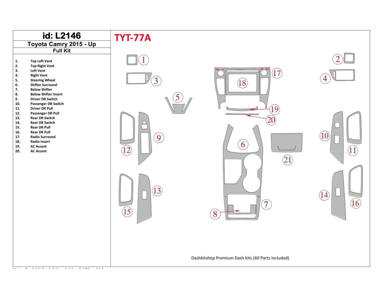 Toyota Camry 2015-UP Full Set BD Interieur Dashboard Bekleding Volhouder