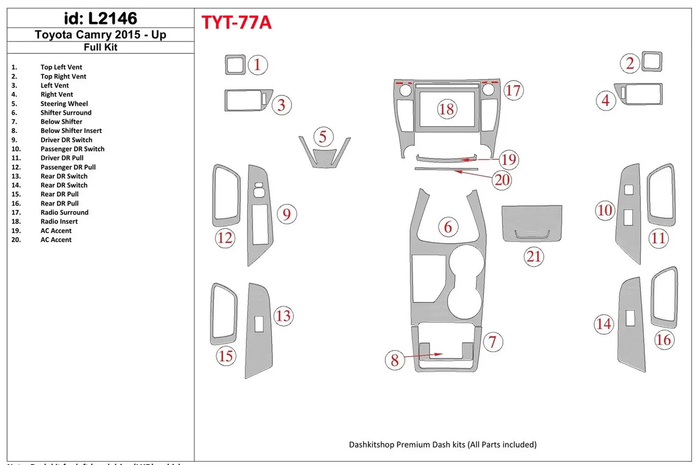 Toyota Camry 2015-UP Full Set BD Interieur Dashboard Bekleding Volhouder