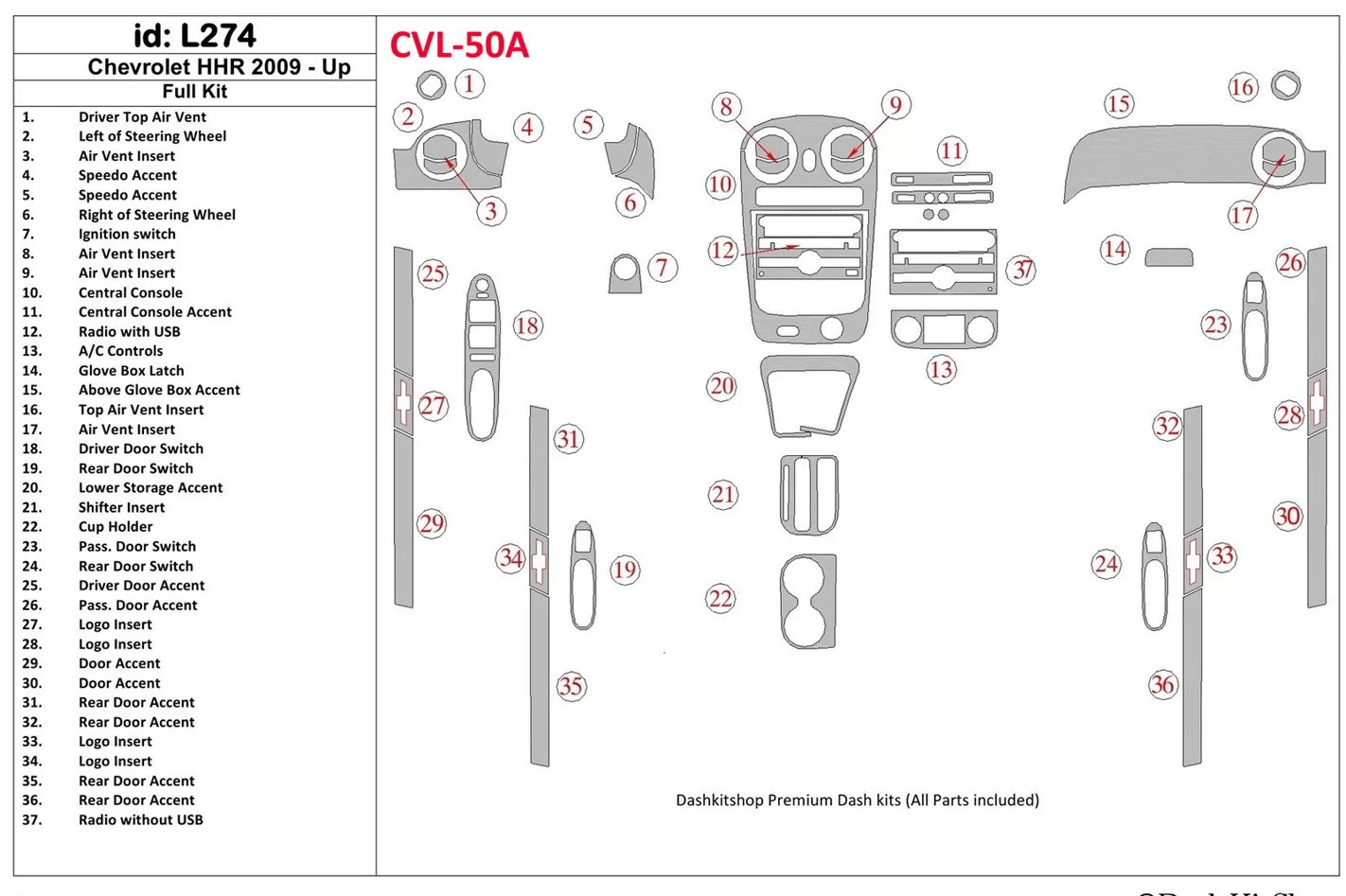 Chevrolet HHR 2009-UP Full Set Interior BD Dash Trim Kit