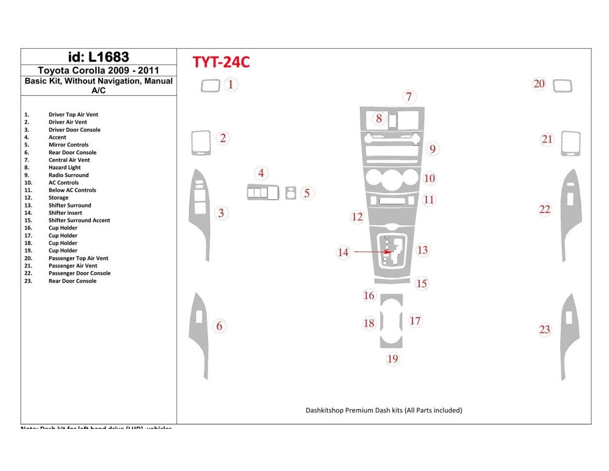 Toyota Corolla 2009-UP Basic Set, Without NAVI BD Interieur Dashboard Bekleding Volhouder