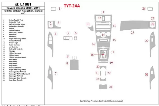 Toyota Corolla 2009-UP Full Set, Without NAVI Decor de carlinga su interior