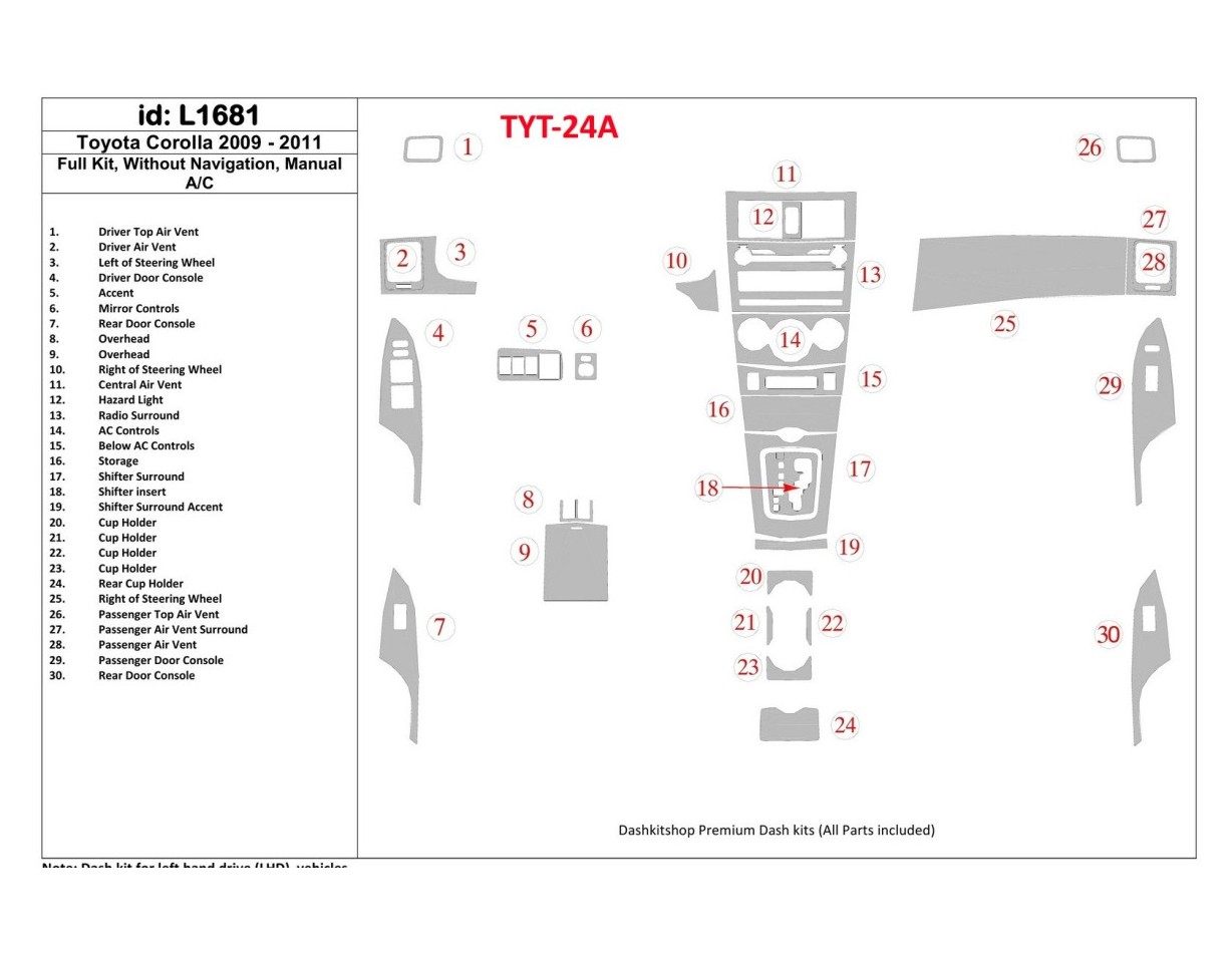 Toyota Corolla 2009-UP Full Set, Without NAVI Interior BD Dash Trim Kit