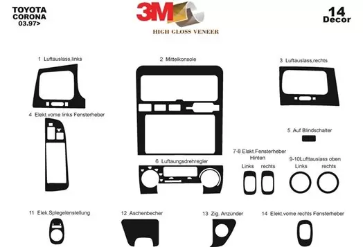 Toyota Corona 03.97 - 12.03 Kit Rivestimento Cruscotto all'interno del veicolo Cruscotti personalizzati 14-Decori