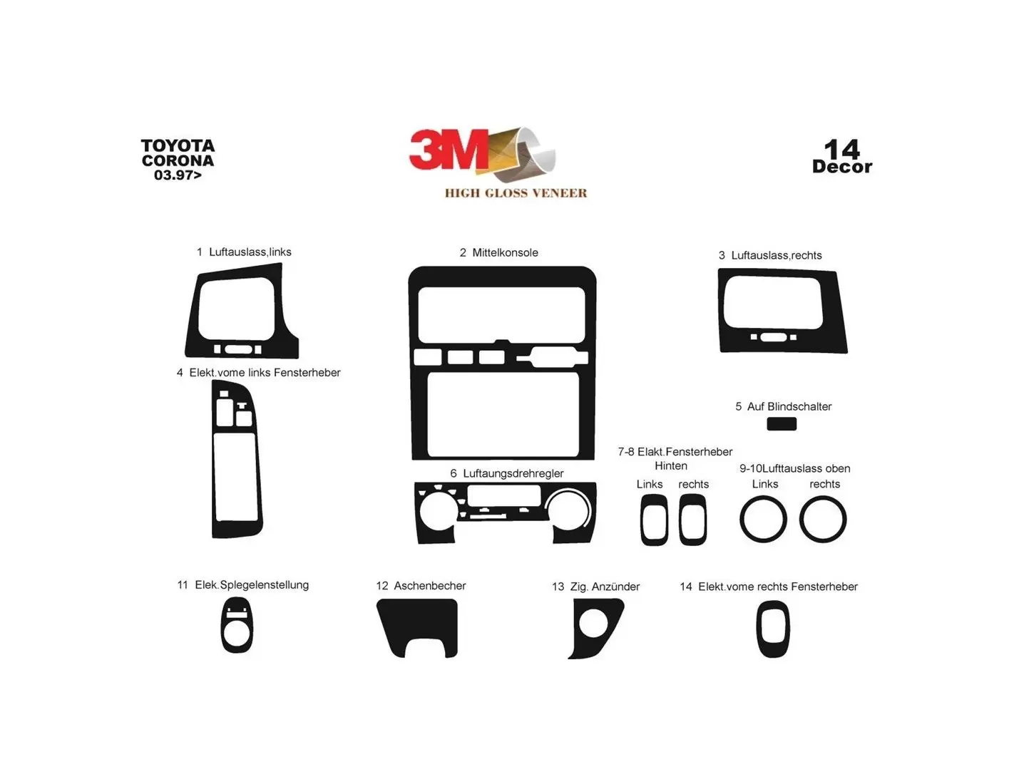 Toyota Corona 03.97-12.03 3M 3D Interior Dashboard Trim Kit Dash Trim Dekor 14-Parts