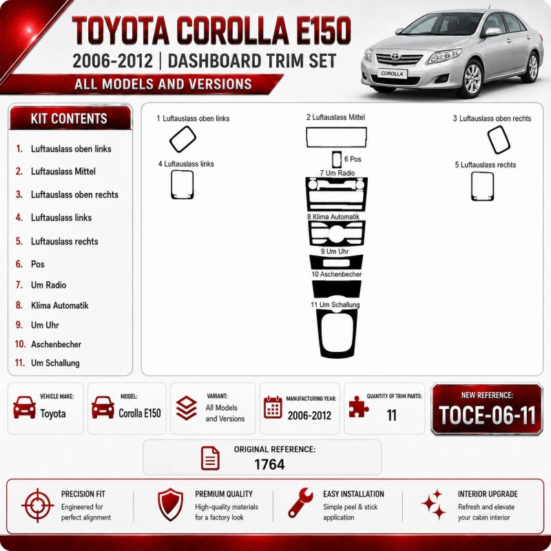 Toyota Corolla E150 2006-2012 3D Cockpit Dekor Interieurleisten Set 11-teilig