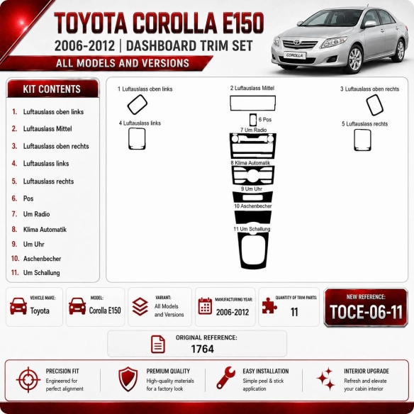 Toyota Corolla E150 2006-2012 3D Interior Dashboard Trim Kit Dash Trim Dekor 11-Parts