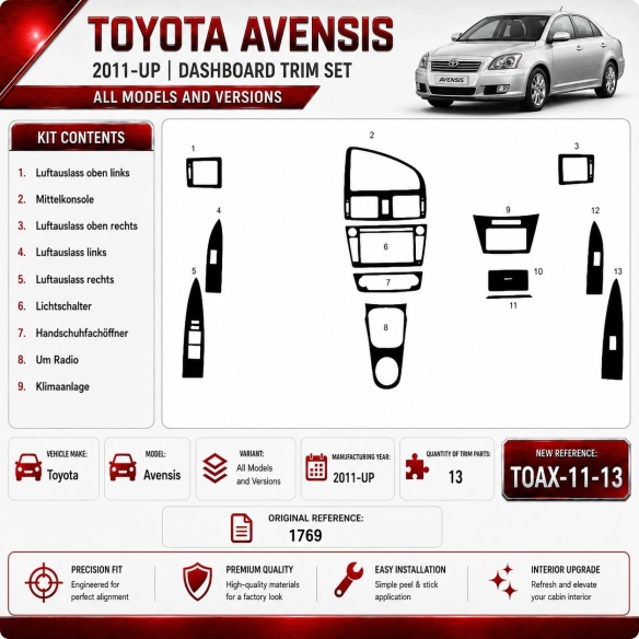 Toyota Avensis 2011-Actualidad kit 3D de molduras interiores para salpicadero 13 piezas