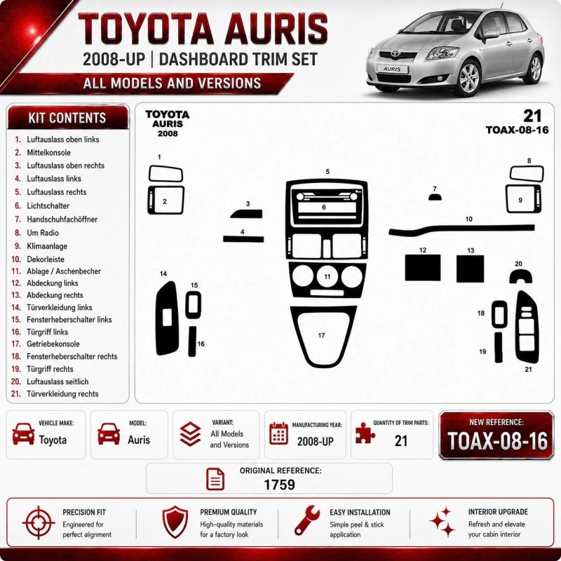 Toyota Auris 2008-heden 3D interieur dashboard decoratieset dashboard decor 16-delen
