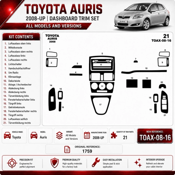 Toyota Auris 2008-heden 3D interieur dashboard decoratieset dashboard decor 16-delen