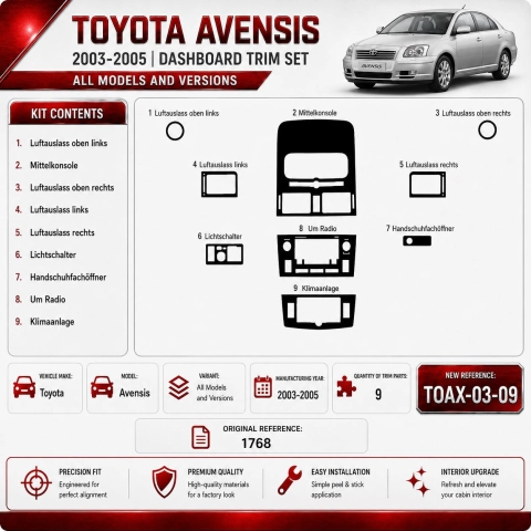 Toyota Avensis 2003-2005 kit 3D de molduras interiores para salpicadero 9 piezas