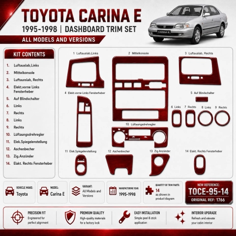 Toyota Carina E 1995-1998 kit rivestimento cruscotto e interni 3D 14 pezzi