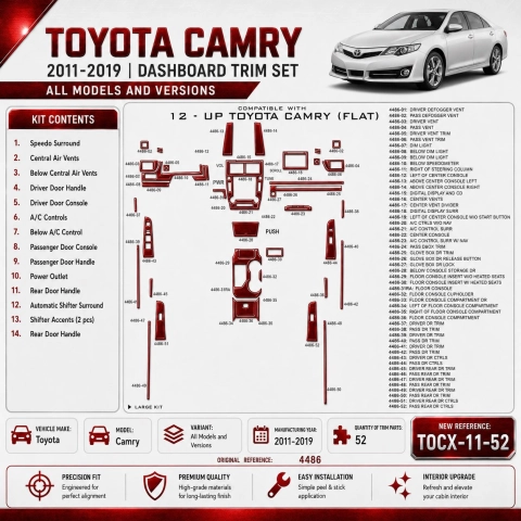 Toyota Camry 2011-2019 kit de molduras interiores para salpicadero 52 piezas