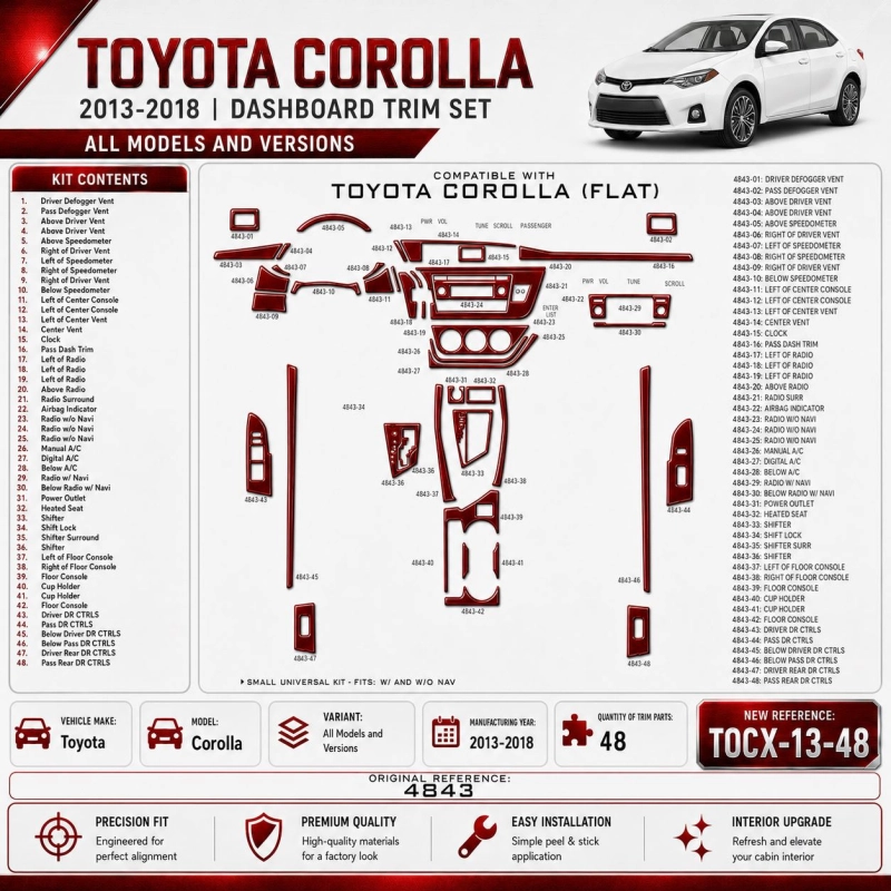 Toyota Corolla 2013-2018 kit de molduras interiores para salpicadero 48 piezas