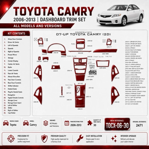 Toyota Camry 2006-2013 kit décoration intérieure tableau de bord 30 pièces